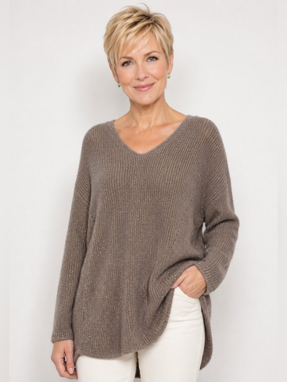 A.N.A Gold Sliver Threaded Ecru V-Neck Tunic Cotton Sweater- Size: XXLT (2XLT)